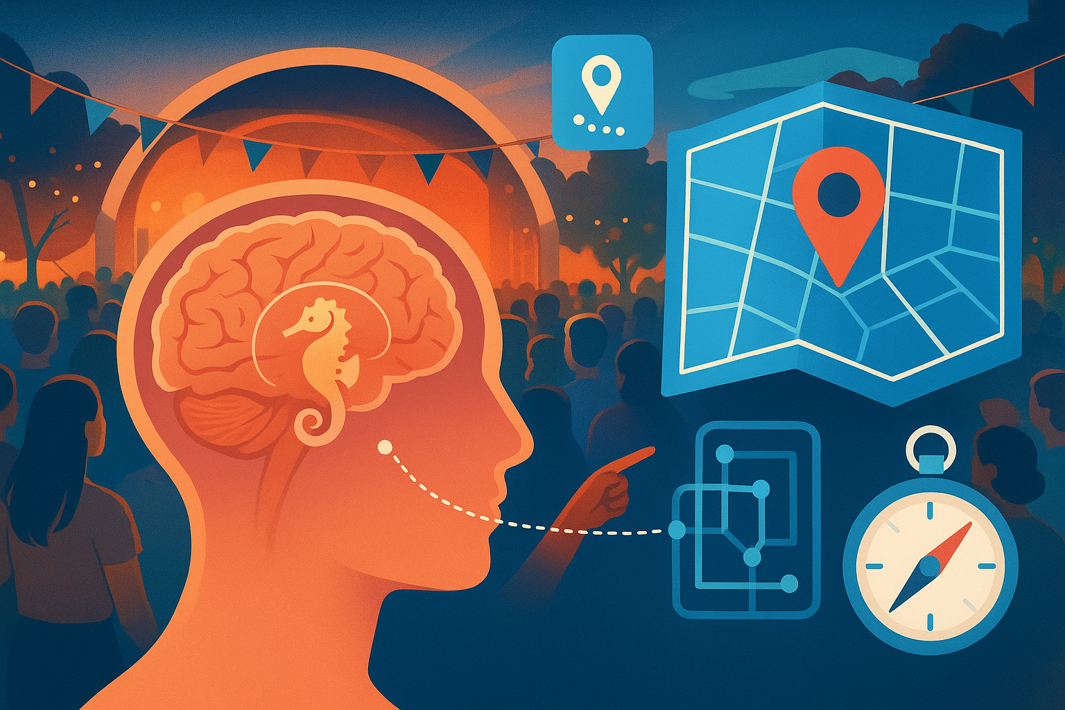 Illustration of brain, maps, and wayfinding icons at a festival scene