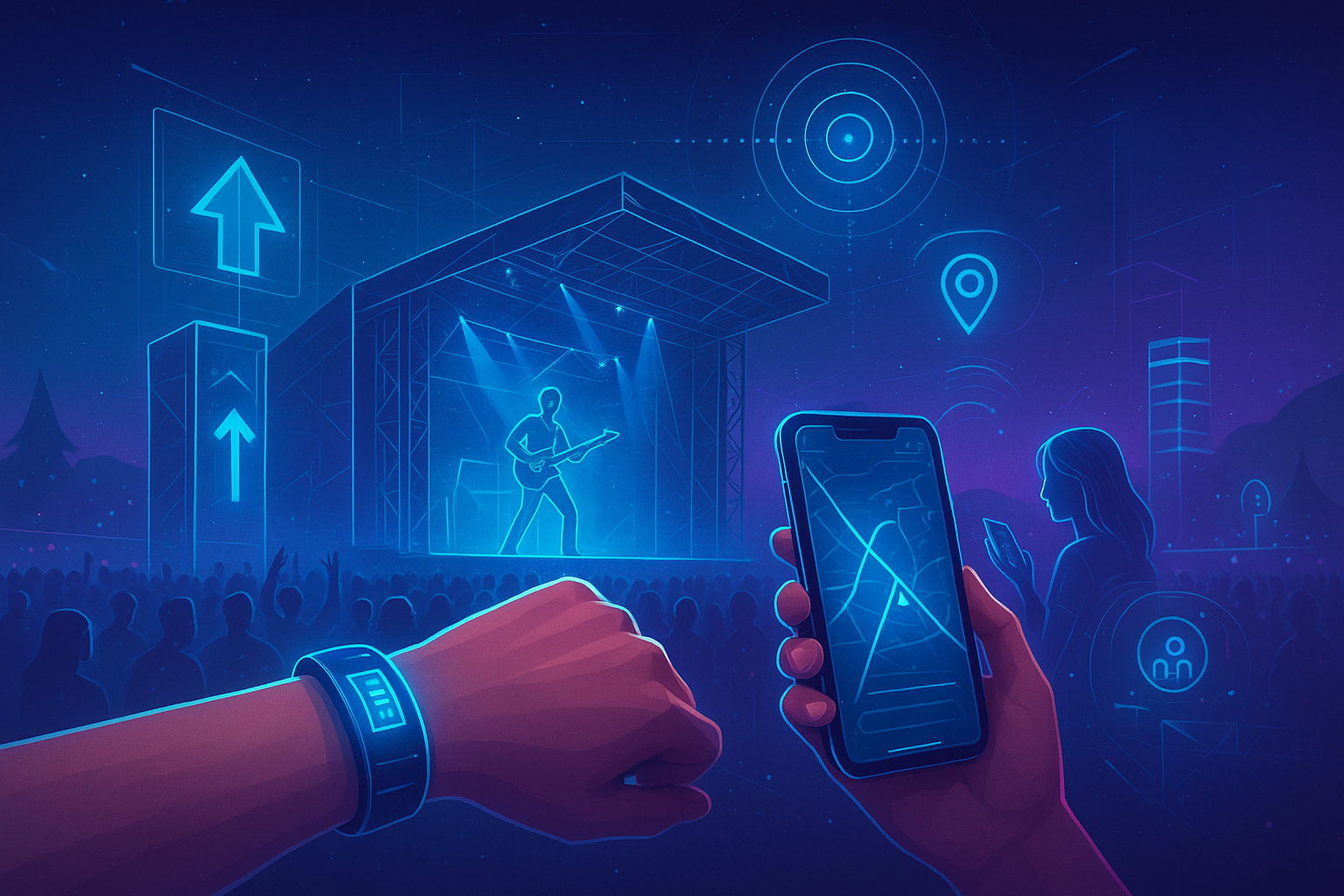 Futuristic festival scene with stage, smartphone navigation, and wearable tech visuals