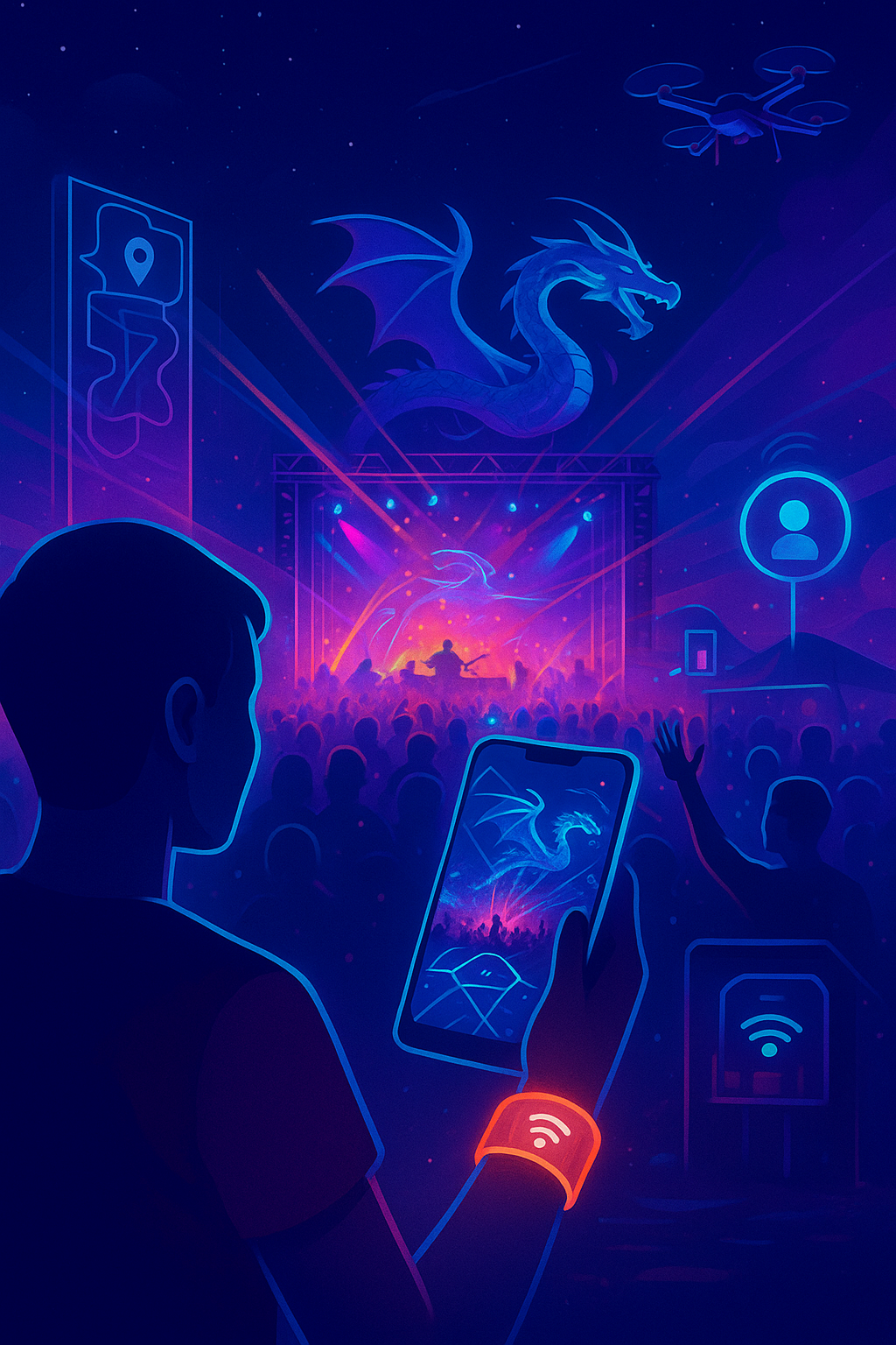 Neon festival scene with AR dragons above the stage and a phone view overlay