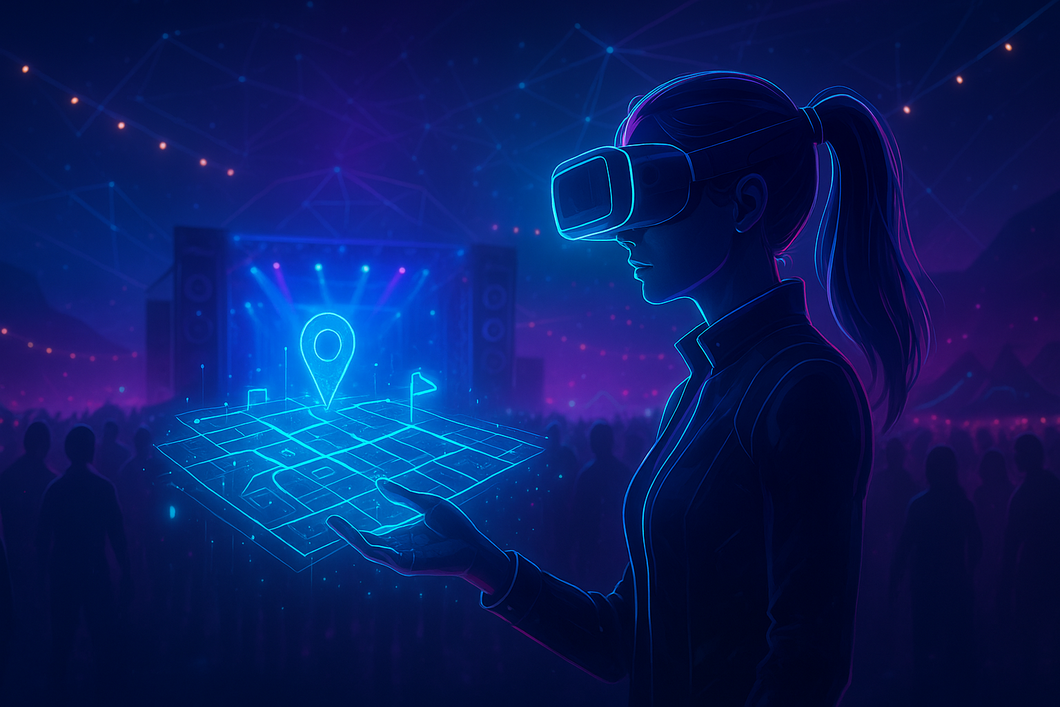 Neon festival scene with a woman wearing VR viewing a glowing navigation map