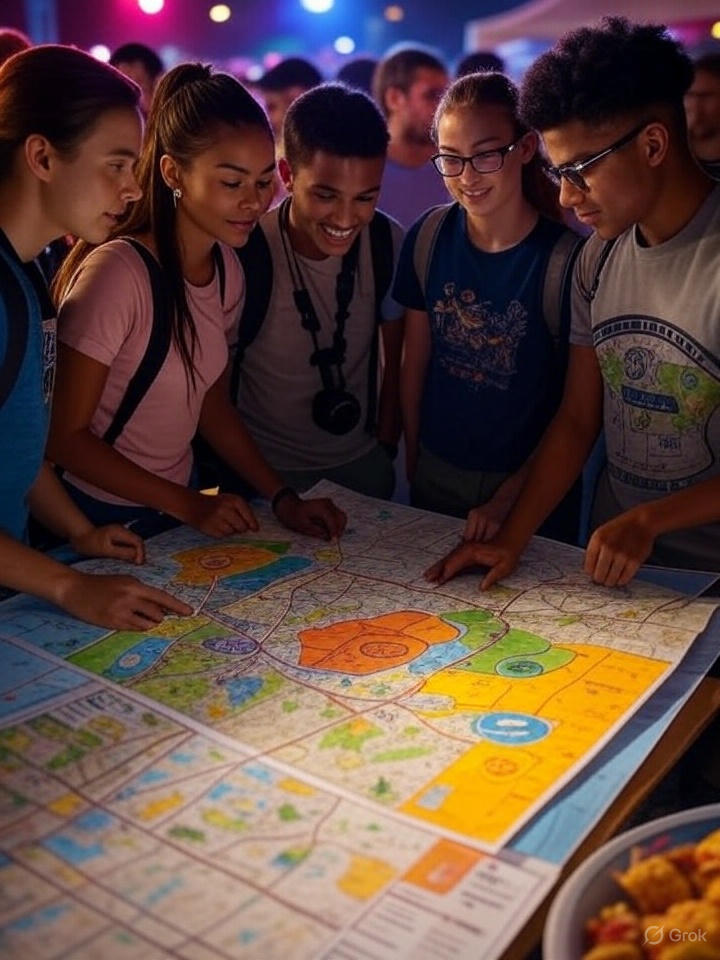 Group of diverse young people examining a colorful festival map together at night