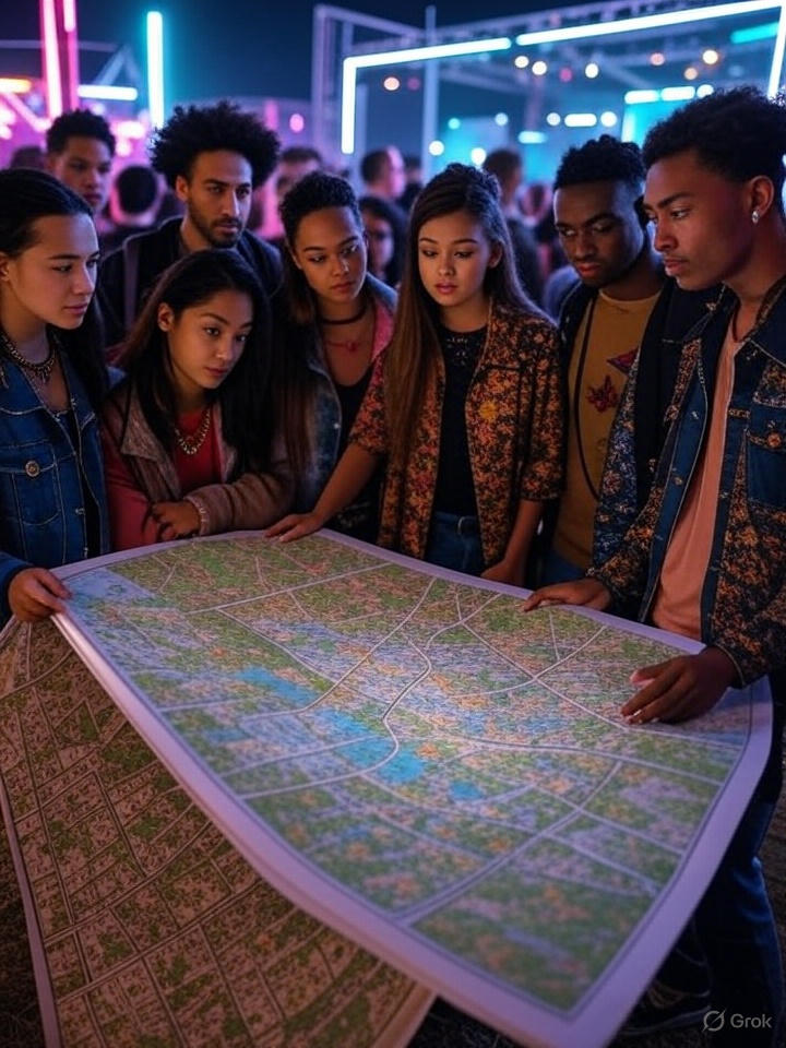 Group of attendees studying a large paper map at a night event