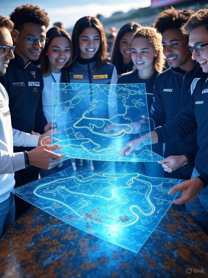 F1 racing team members examining a holographic circuit map with track layout and data overlays