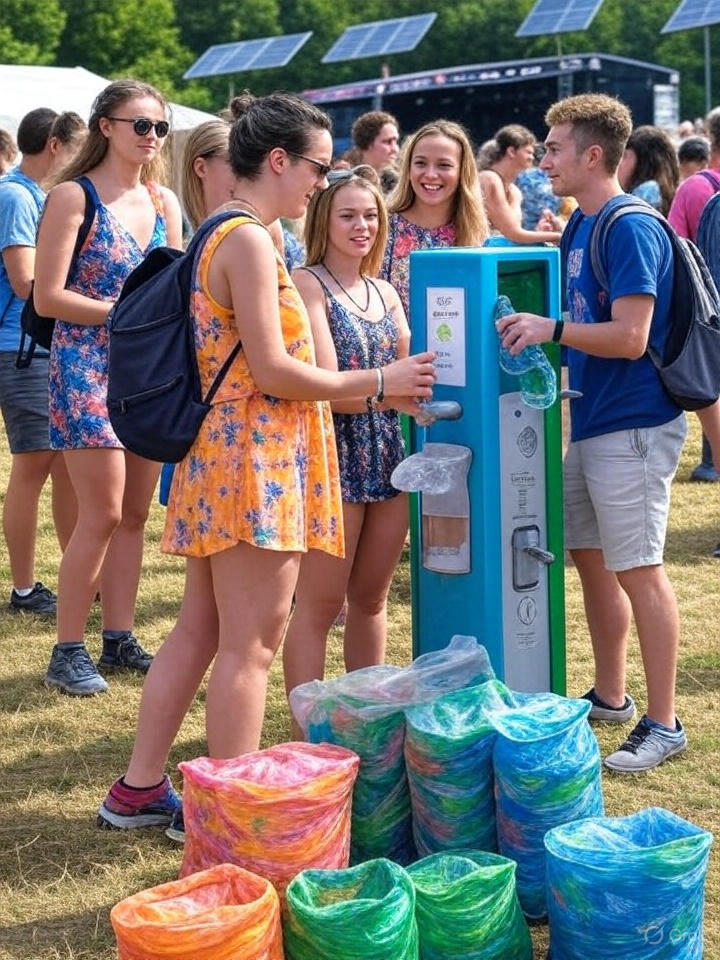 Young festival-goers at recycling stations sorting colorful waste bags at outdoor event